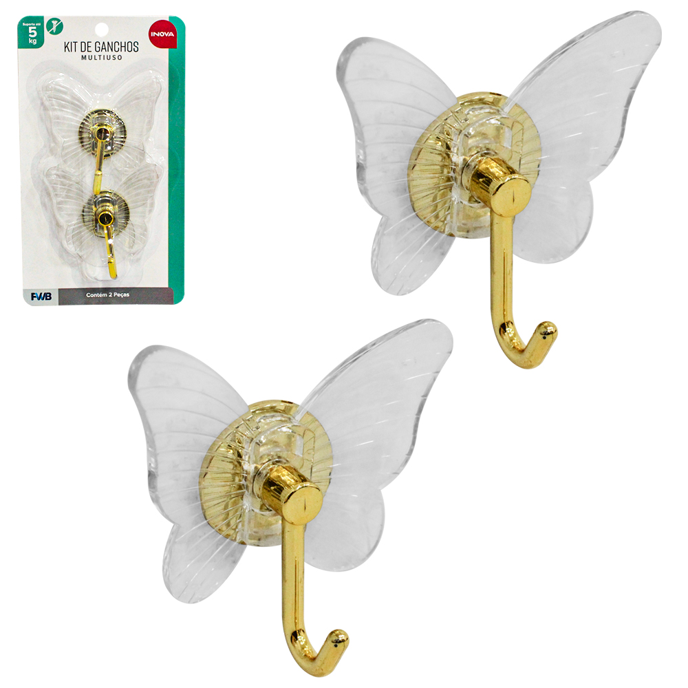 CABIDE GANCHO DE PLASTICO PET FLEXIVEL BORBOLETA AUTOADESIVO TRANSPARENTE COM 2 PECAS 8X7,8X3,5CM
