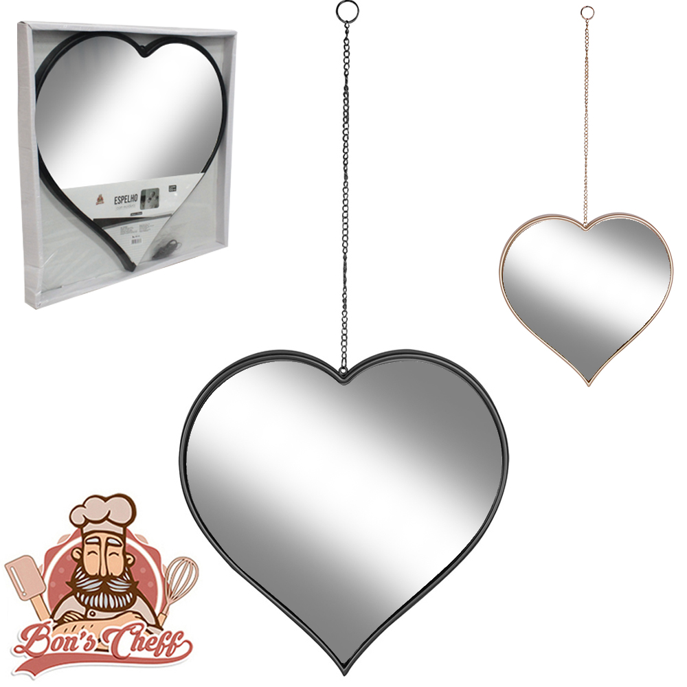 ESPELHO DE PENDURAR EMOLDURADO CORACAO DECORATIVO + ALCA CORRENTE 25X24CM