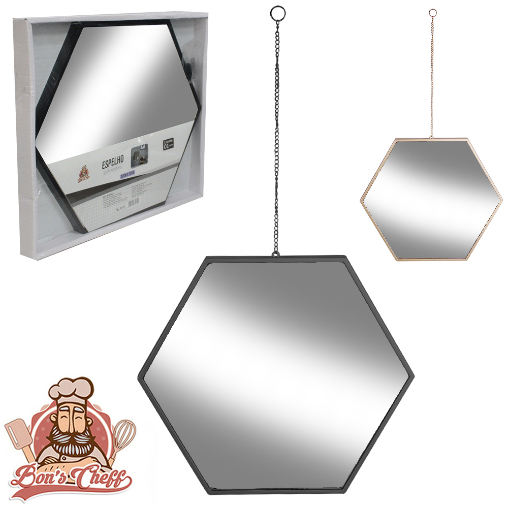 ESPELHO DE PENDURAR EMOLDURADO HEXAGONAL DECORATIVO + ALCA CORRENTE 22CM