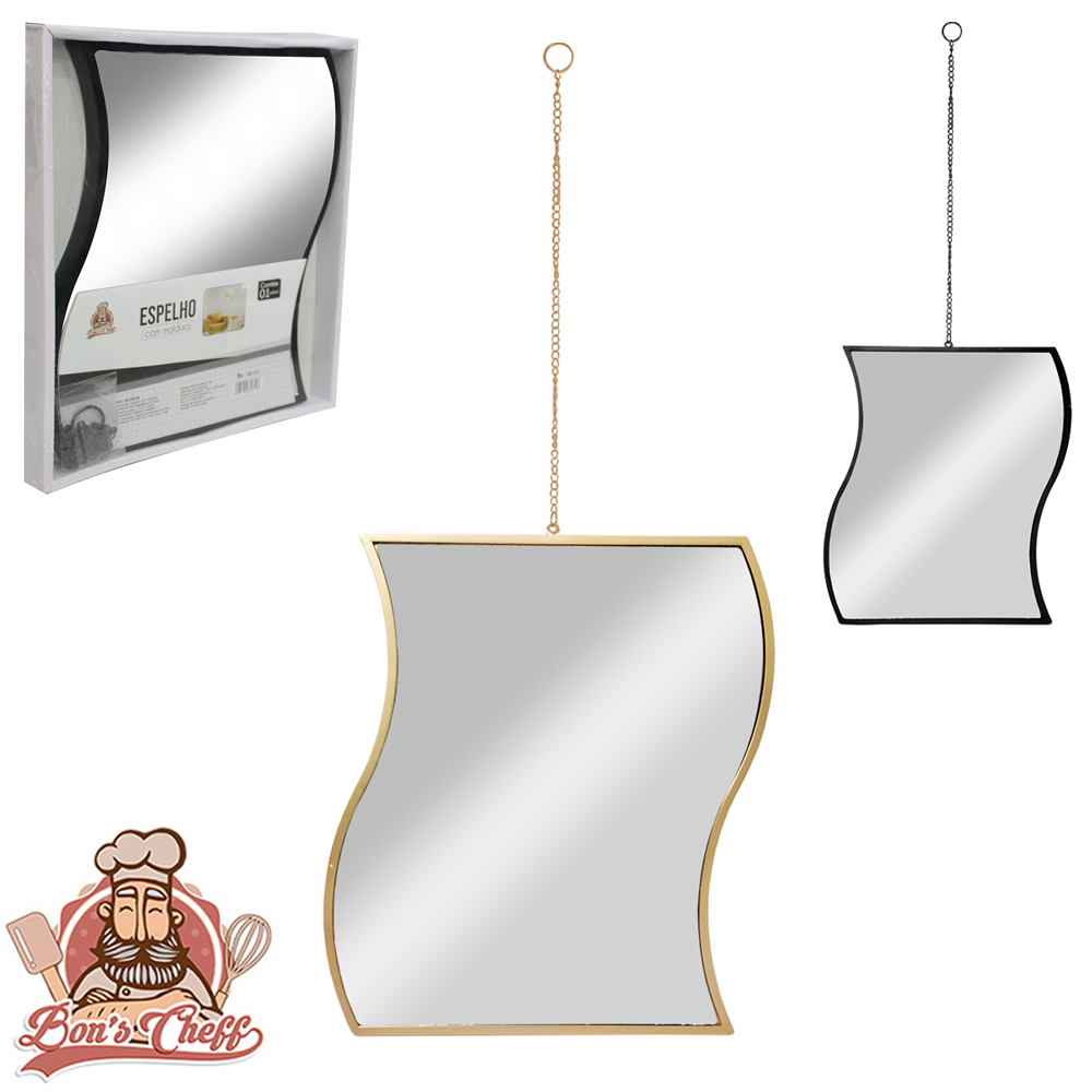 ESPELHO DE PENDURAR EMOLDURADO ONDULADO DECORATIVO + ALCA CORRENTE 22X17CM