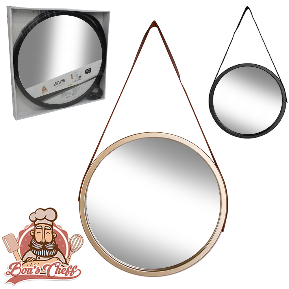 ESPELHO DE PENDURAR EMOLDURADO REDONDO DECORATIVO + ALCA DE COURO BLACK / METALIZADO DOURADO 33CM DE Ø