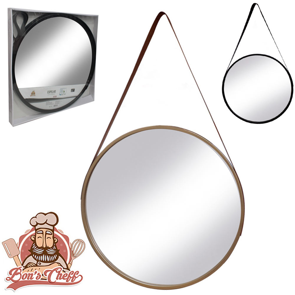 ESPELHO DE PENDURAR EMOLDURADO REDONDO DECORATIVO + ALCA DE COURO BLACK / METALIZADO 43CM DE Ø