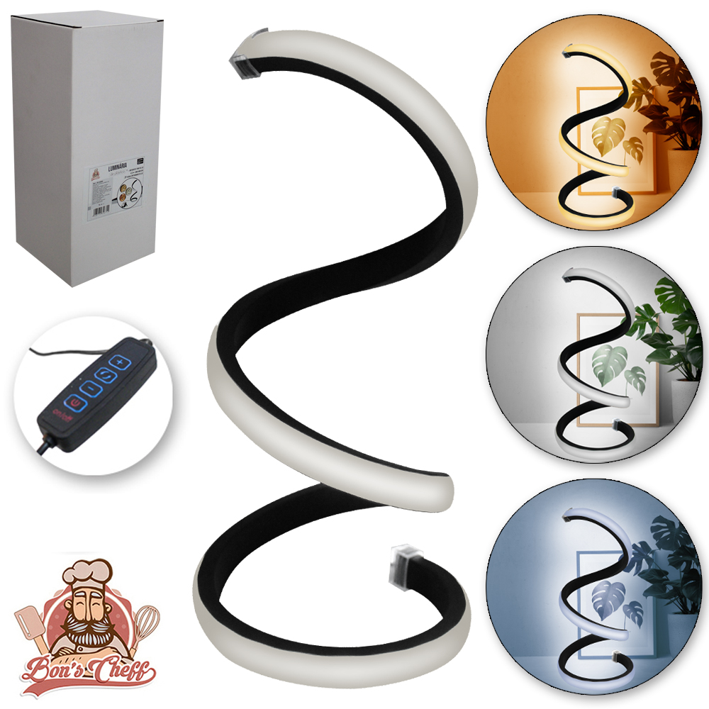 ABAJUR LUMINARIA COM DIMMER LED 3 CORES ESPIRAL PRETO USB 25X12,5CM