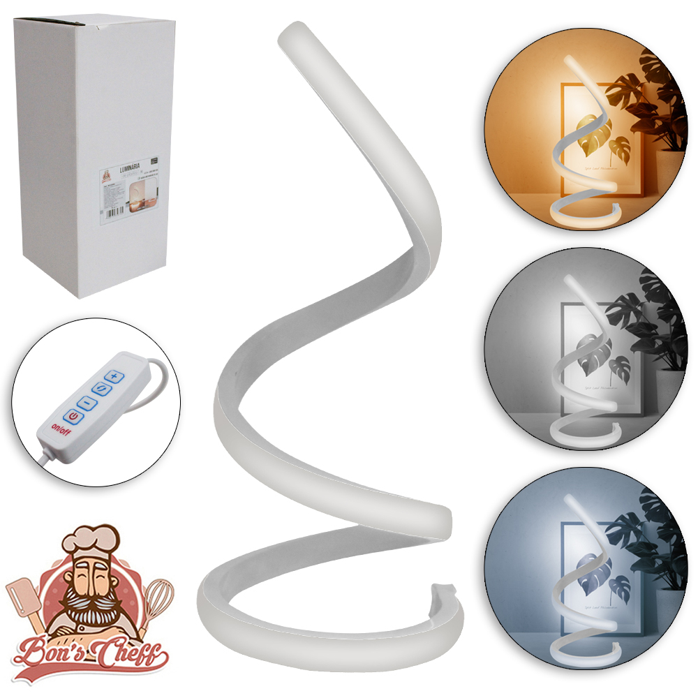 ABAJUR LUMINARIA COM DIMMER LED 3 CORES ESPIRAL BRANCO USB 25X12,5CM