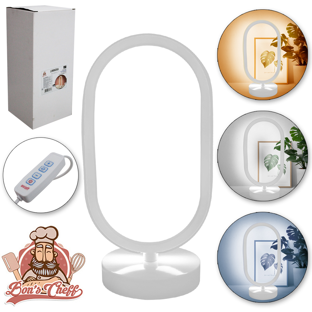ABAJUR LUMINARIA COM DIMMER LED 3 CORES OVAL COM BASE BRANCO USB 30,5X10CM