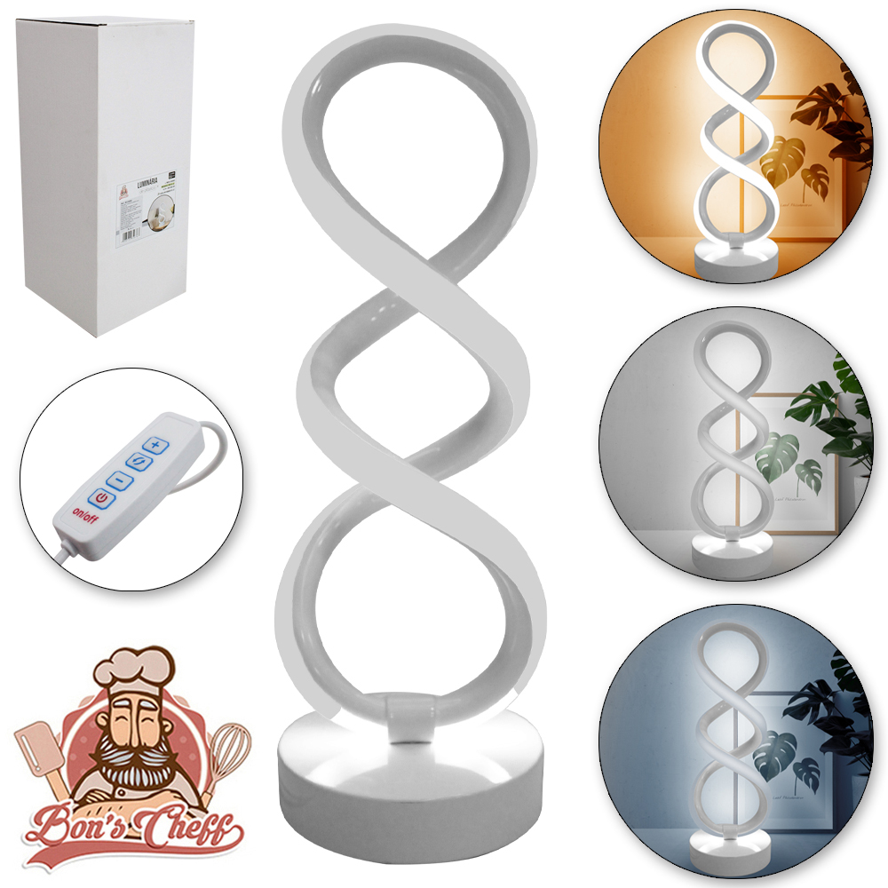 ABAJUR LUMINARIA COM DIMMER LED 3 CORES ESPIRAL COM BASE BRANCO USB 30X10CM