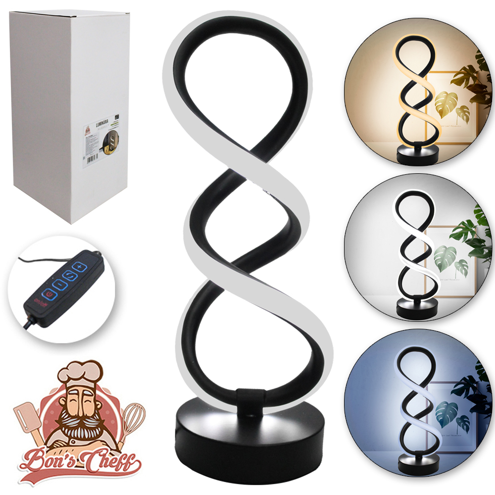 ABAJUR LUMINARIA COM DIMMER LED 3 CORES ESPIRAL COM BASE PRETO USB 30X10CM