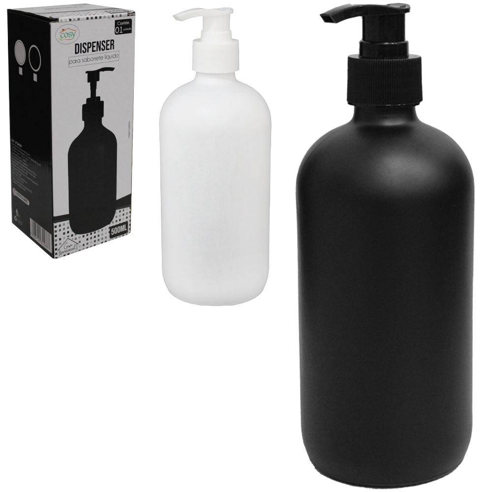 PORTA SABONETE LIQUIDO DE VIDRO REDONDO BRANCO/PRETO 500ML