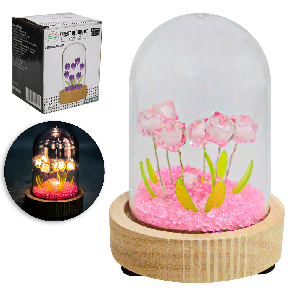 ENFEITE CUPULA COM 7 FLORES + MICRO LED E BASE DE MADEIRA A BATERIA 10X7CM DE Ø
