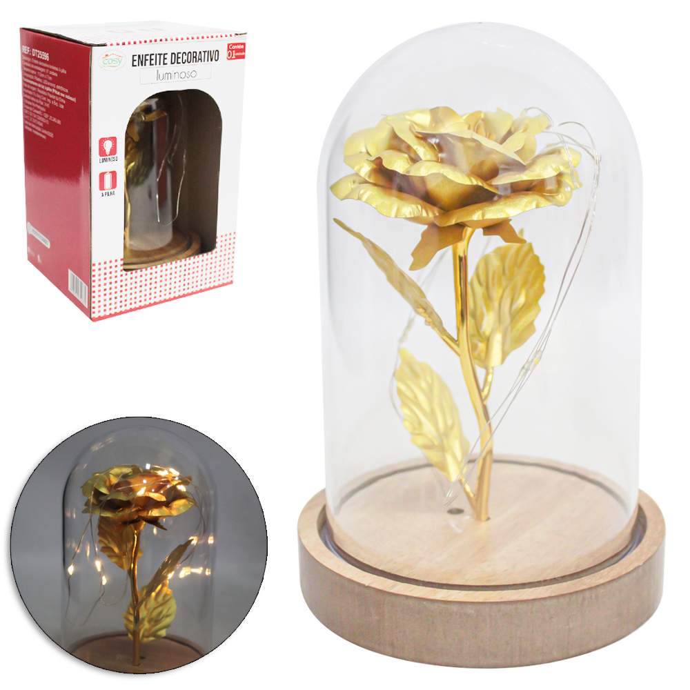 ENFEITE CUPULA COM FLOR CINTILANTE + MICRO LED E BASE DE MADEIRA A PILHA 17X11,5CM DE Ø