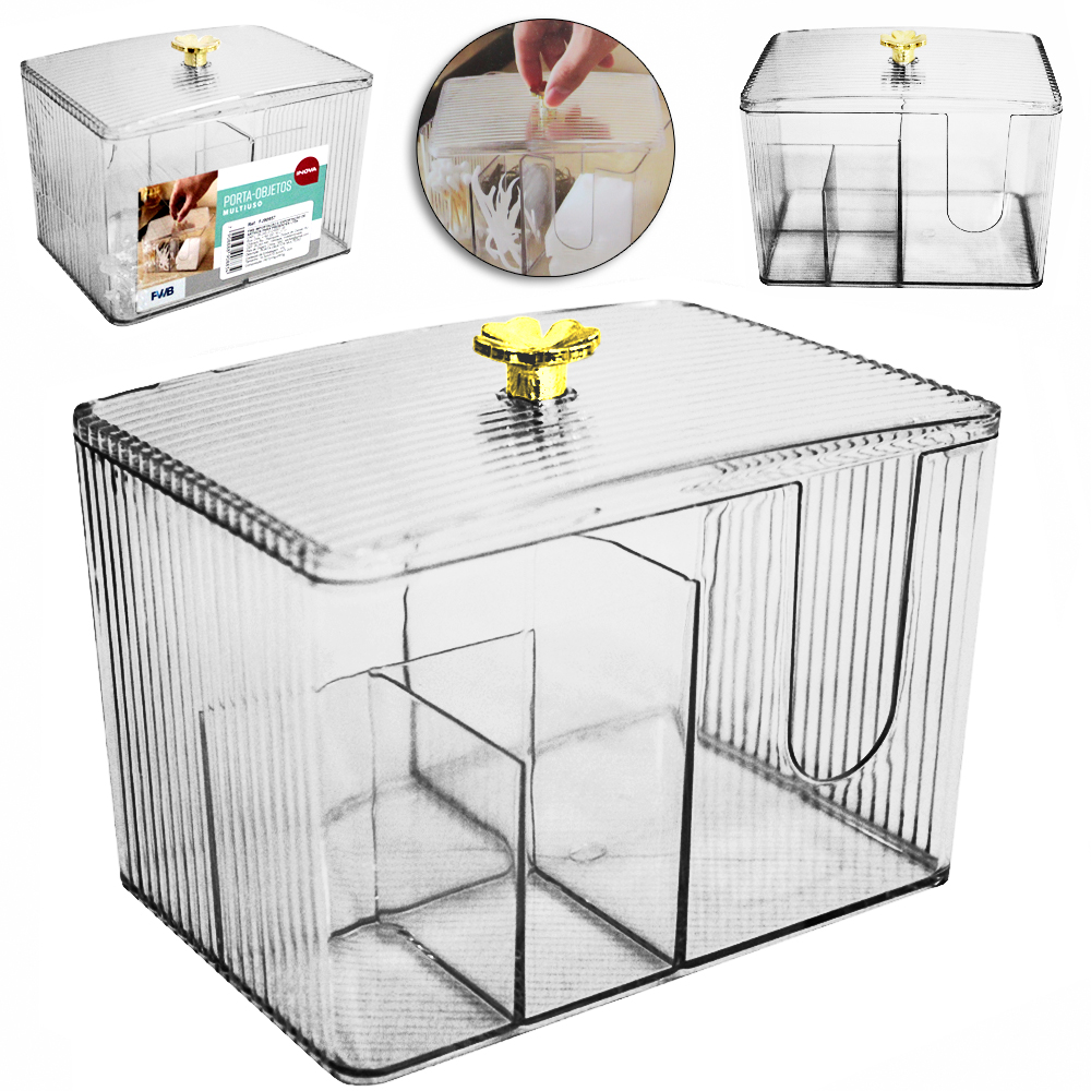 ORGANIZADOR PORTA OBJETOS DE PLASTICO PET FLEXIVEL RETANGULAR COM 4 DIVISORIAS + TAMPA MULTIUSO INOVA 14,5X11,2X10,5CM