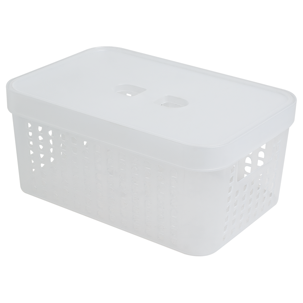 CESTO CAIXA ORGANIZADOR DE PLASTICO RETANGULAR VAZADO EMPILHAVEL COM TAMPA + ALCA TRANSPARENTE 2L 18,5X13,5X9,4CM