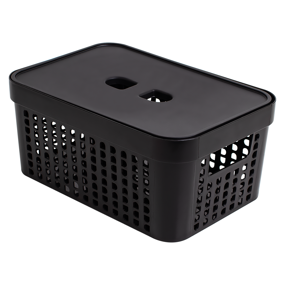 CESTO CAIXA ORGANIZADOR DE PLASTICO RETANGULAR VAZADO EMPILHAVEL COM TAMPA + ALCA PRETO 2L 18,5X13,5X9,4CM