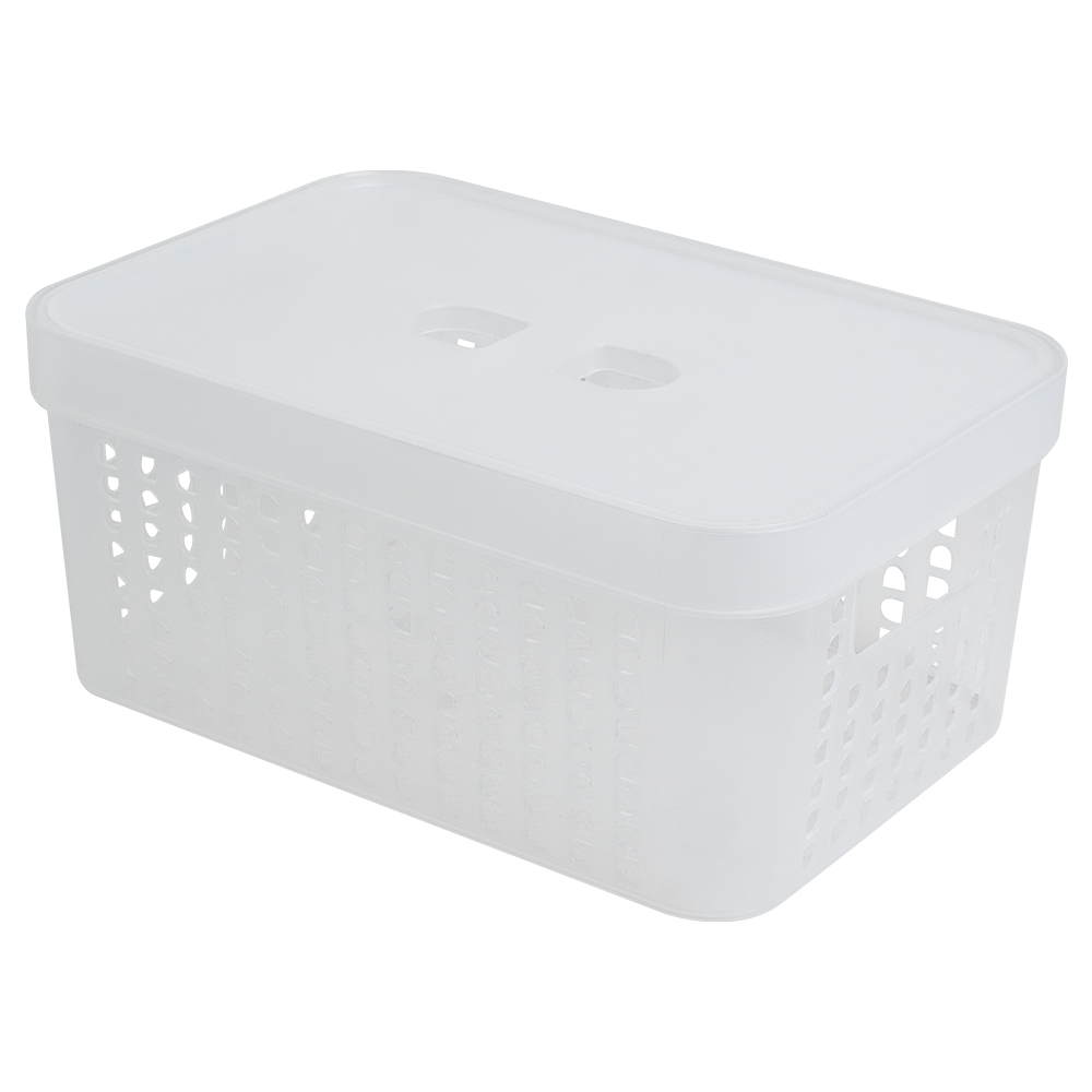 CESTO CAIXA ORGANIZADOR DE PLASTICO RETANGULAR VAZADO EMPILHAVEL COM TAMPA + ALCA TRANSPARENTE 4,5L 26X18X11,5CM