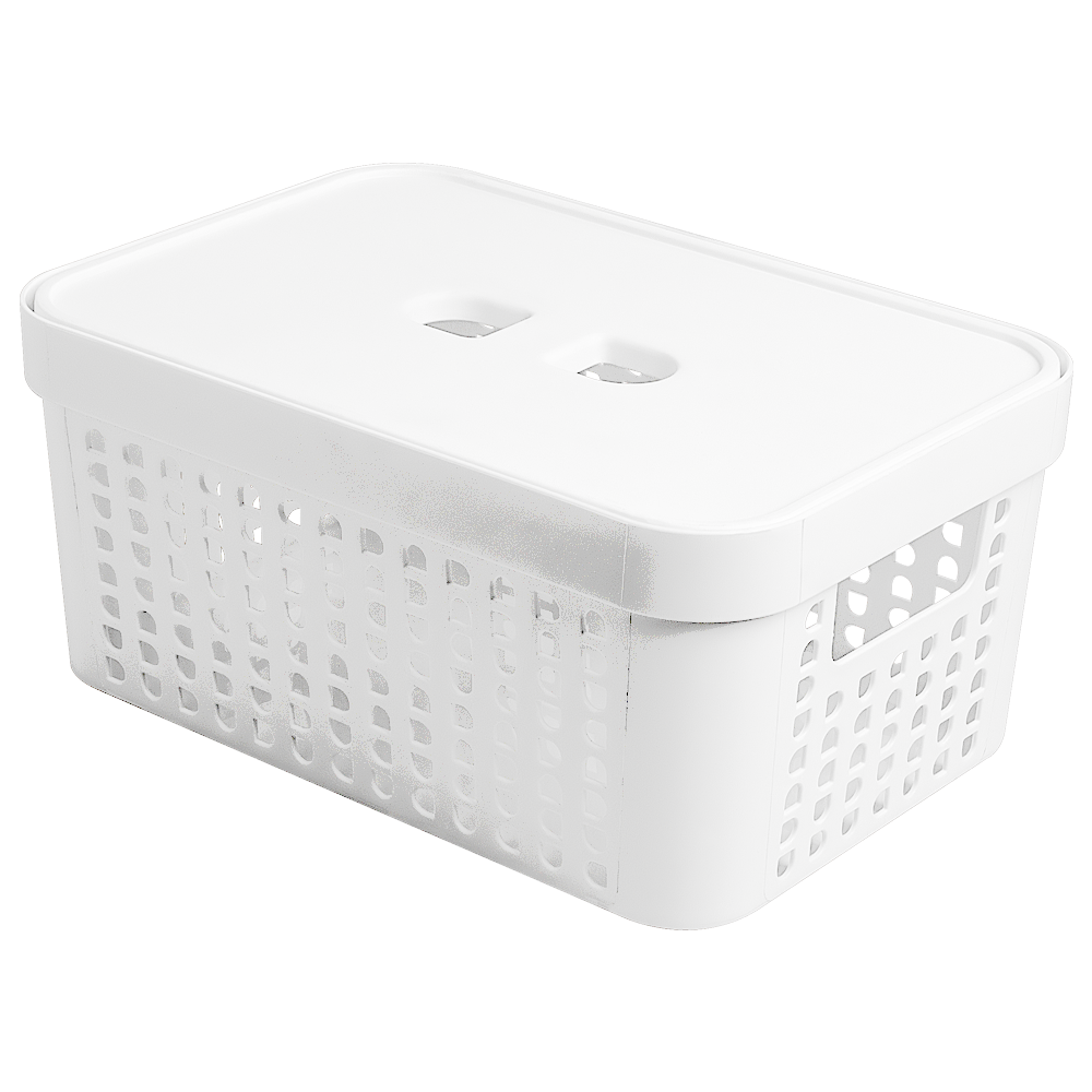 CESTO CAIXA ORGANIZADOR DE PLASTICO RETANGULAR VAZADO EMPILHAVEL COM TAMPA + ALCA BRANCO 4,5L 26X18X11,5CM