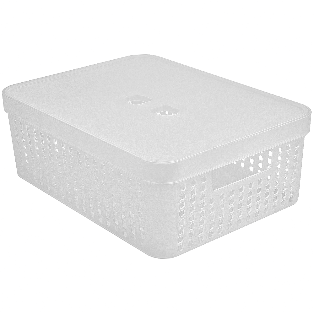 CESTO CAIXA ORGANIZADOR DE PLASTICO RETANGULAR VAZADO EMPILHAVEL COM TAMPA + ALCA TRANSPARENTE 11L 35,6X27X12,5CM