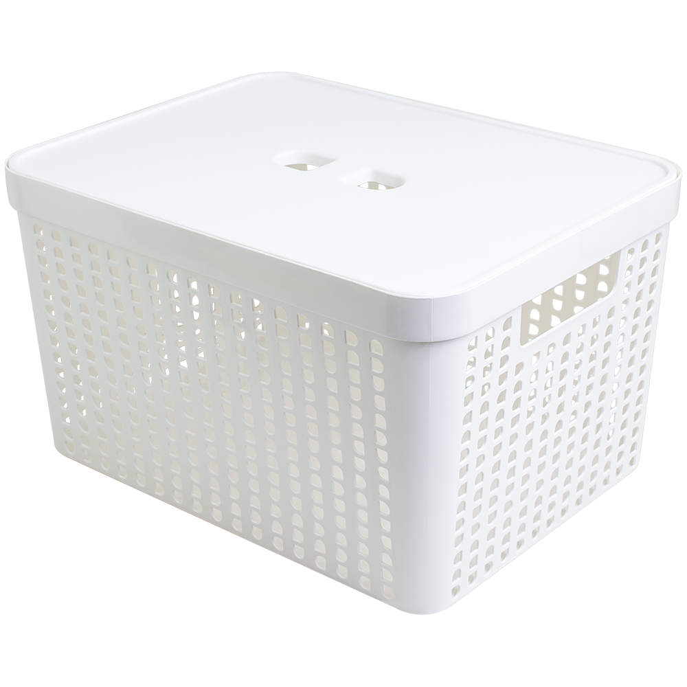 CESTO CAIXA ORGANIZADOR DE PLASTICO RETANGULAR VAZADO EMPILHAVEL COM TAMPA + ALCA BRANCO 17L 35,6X27X20CM