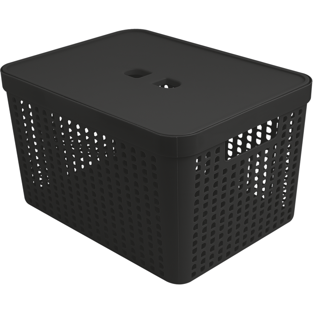 CESTO CAIXA ORGANIZADOR DE PLASTICO RETANGULAR VAZADO EMPILHAVEL COM TAMPA + ALCA PRETO 17L 35,6X27X20CM