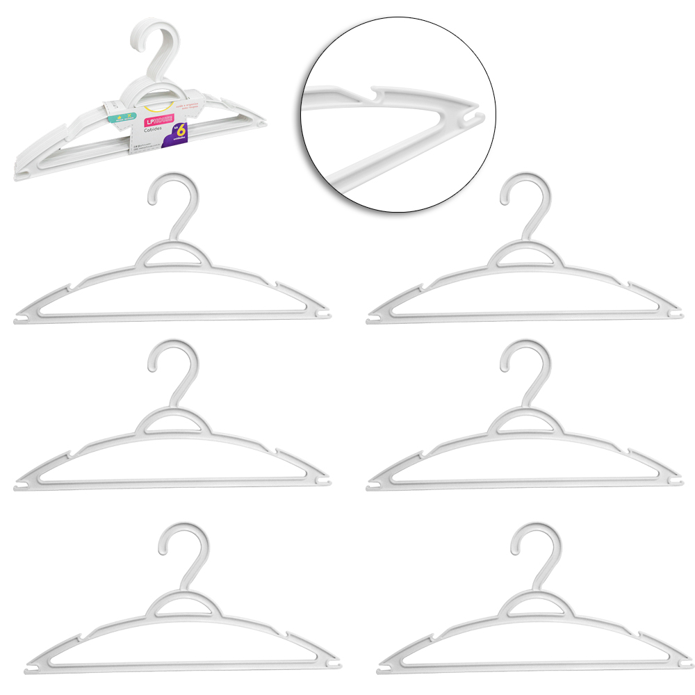 CABIDE ROUPA DE PLASTICO COM CAVA BRANCO COM 6 PECAS 39X18CM 6MM