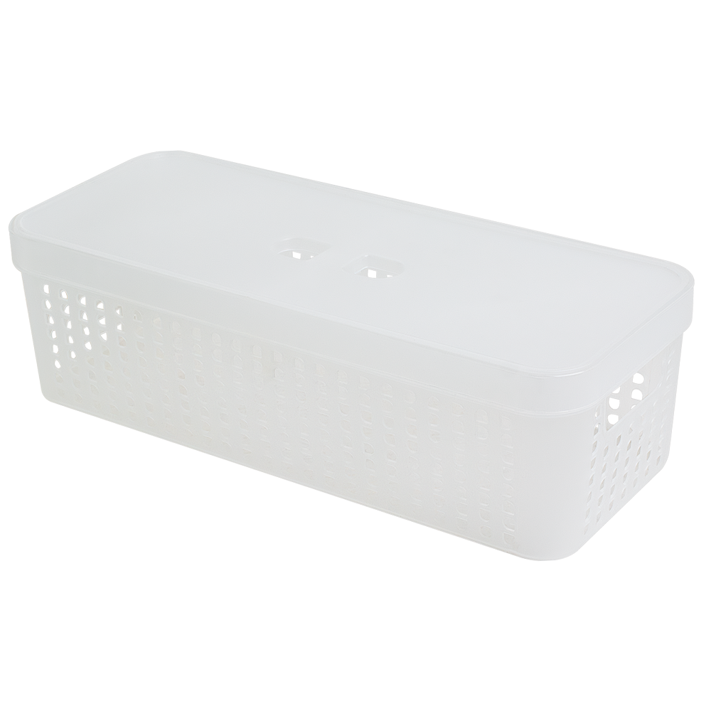CESTO CAIXA ORGANIZADOR DE PLASTICO RETANGULAR VAZADO EMPILHAVEL COM TAMPA + ALCA TRANSPARENTE 3,6L 33,5X14X9,6CM