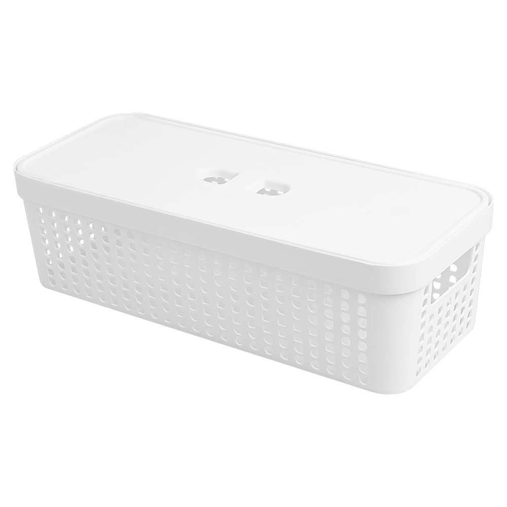 CESTO CAIXA ORGANIZADOR DE PLASTICO RETANGULAR VAZADO EMPILHAVEL COM TAMPA + ALCA BRANCO 3,6L 33,5X14X9,6CM
