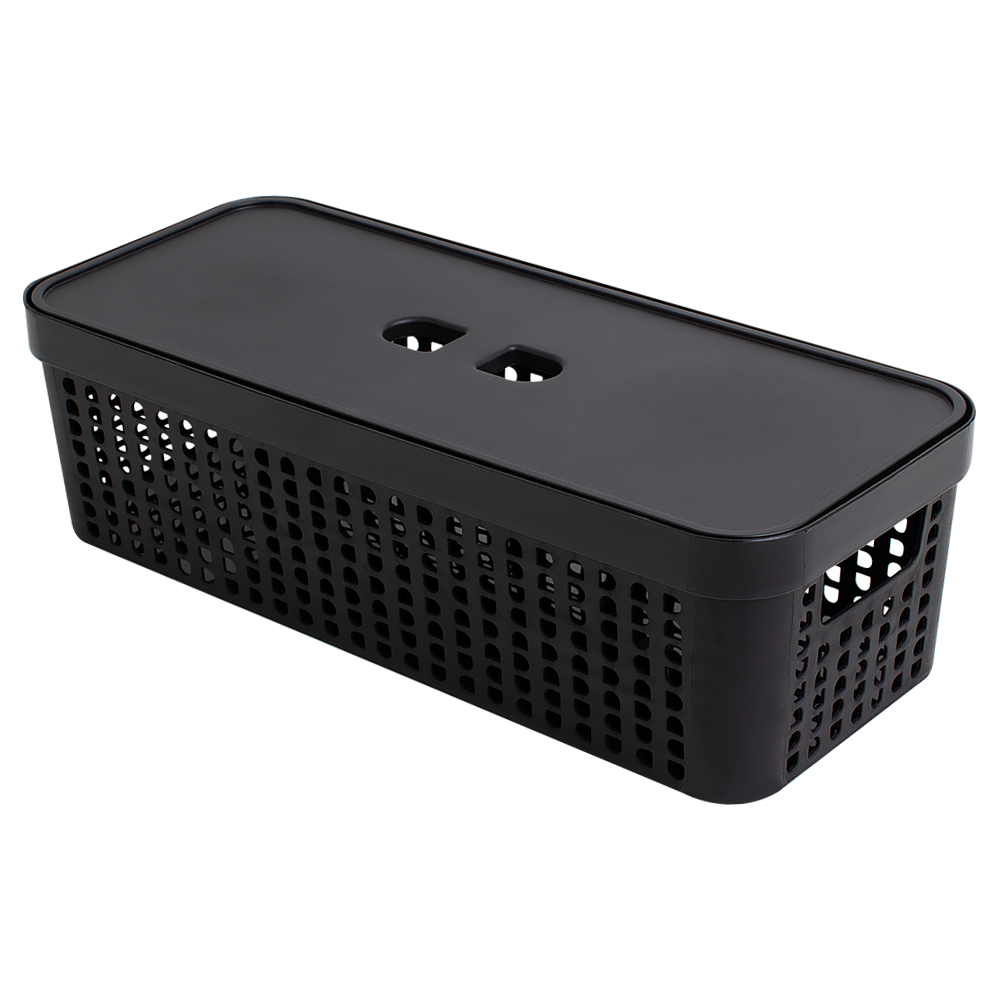 CESTO CAIXA ORGANIZADOR DE PLASTICO RETANGULAR VAZADO EMPILHAVEL COM TAMPA + ALCA PRETO 3,6L 33,5X14X9,6CM