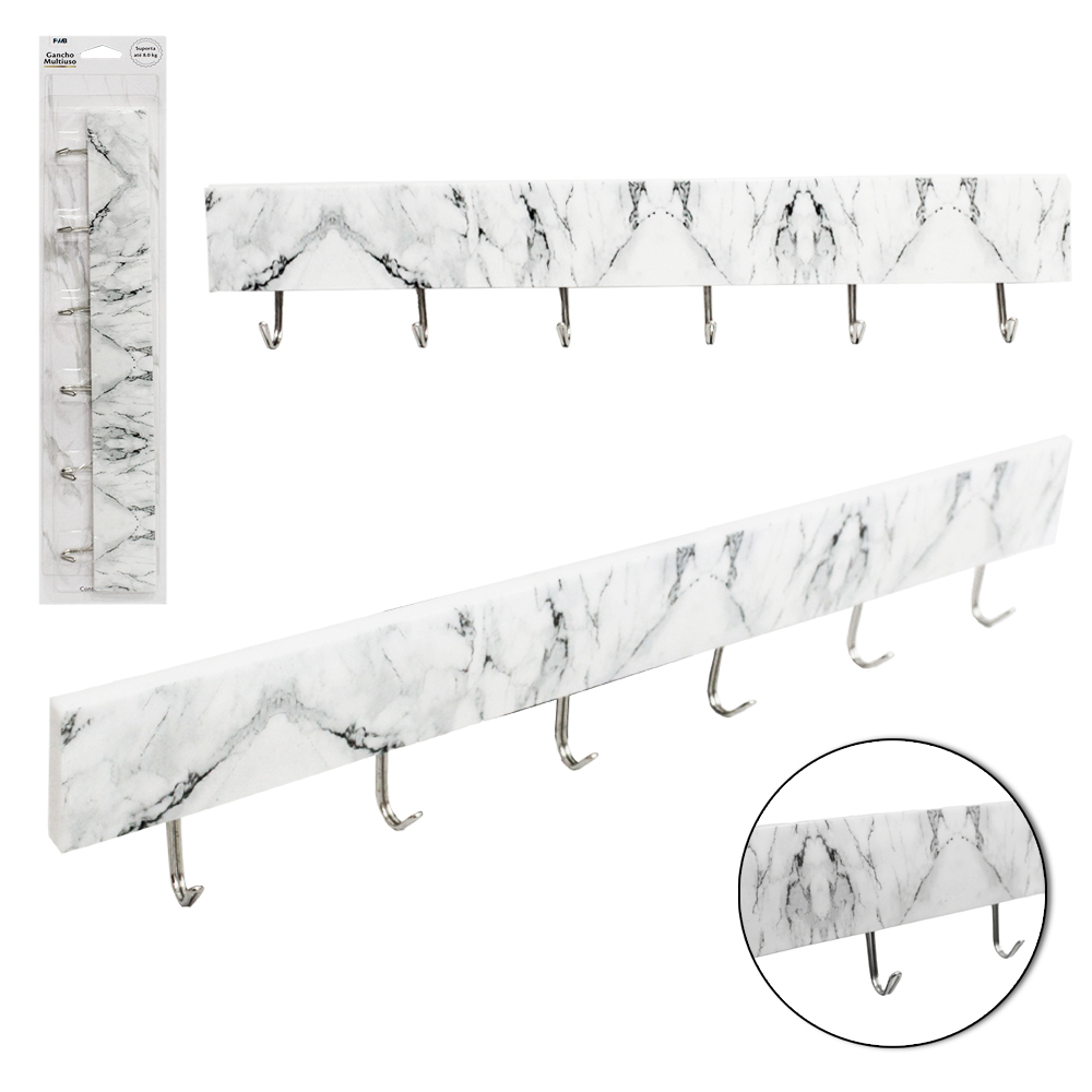 CABIDE GANCHO DE METAL RETANGULAR MARMORE COM 6 GANCHOS AUTOADESIVO 37X6,5X2CM