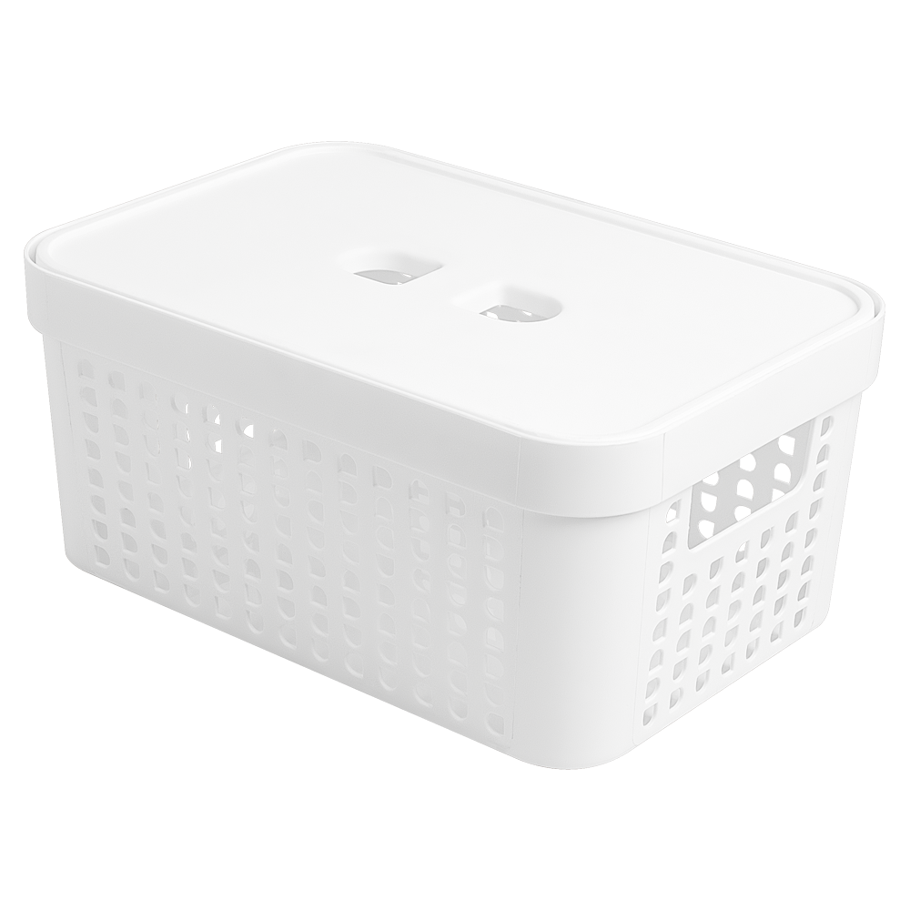 CESTO CAIXA ORGANIZADOR DE PLASTICO RETANGULAR VAZADO EMPILHAVEL COM TAMPA + ALCA BRANCO 2L 18,5X13,5X9,4CM