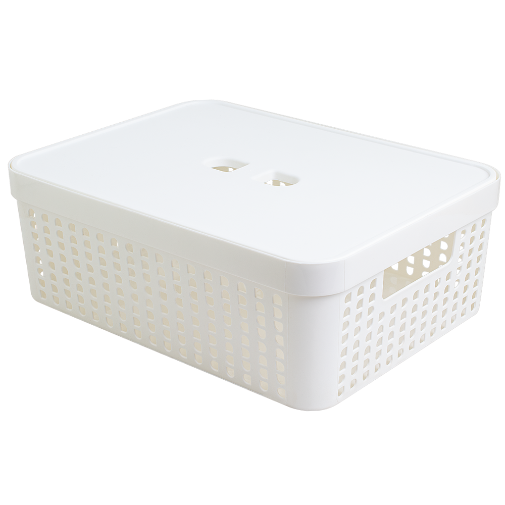 CESTO CAIXA ORGANIZADOR DE PLASTICO RETANGULAR VAZADO EMPILHAVEL COM TAMPA + ALCA BRANCO 11L 35,6X27X12,5CM