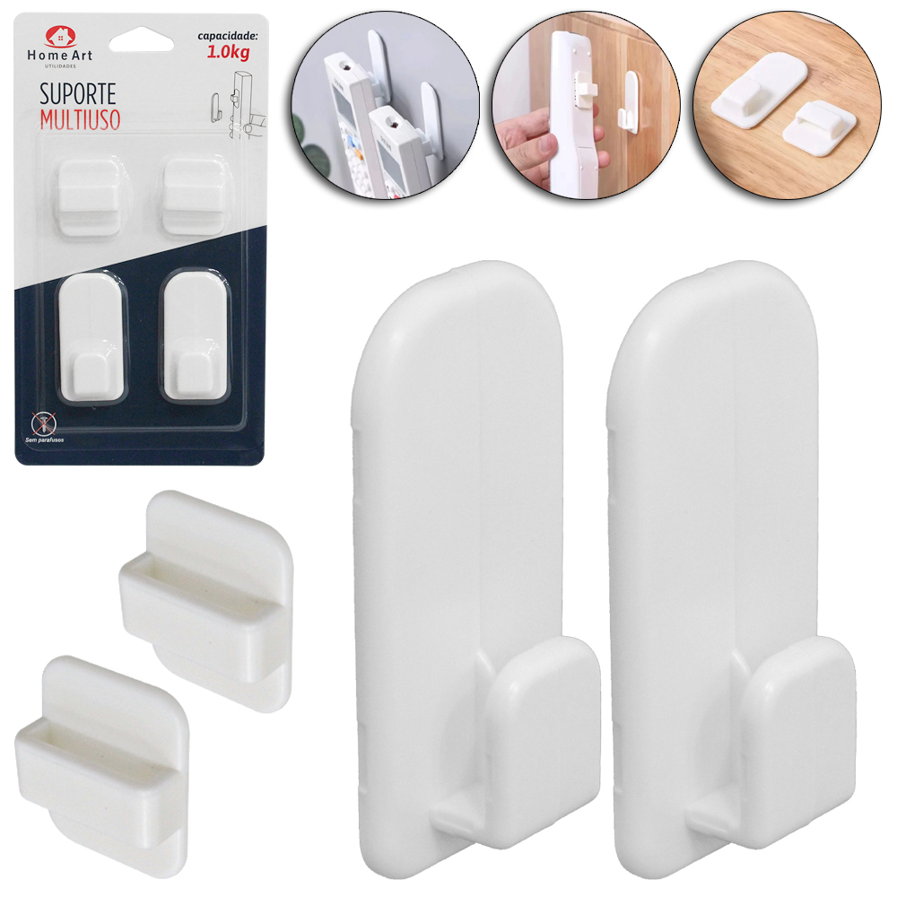 CABIDE GANCHO DE PLASTICO AUTOADESIVO MACHO E FEMEA 4 PECAS 5X2,5CM / 3X2,5CM
