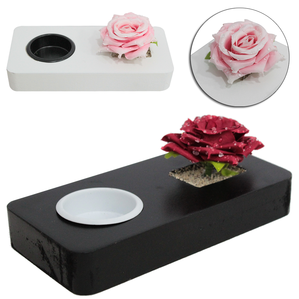 PORTA VELA / CASTICAL DE MADEIRA MDF RETANGULAR COM FLOR ARTIFICIAL ROSA 16X8X5,5CM