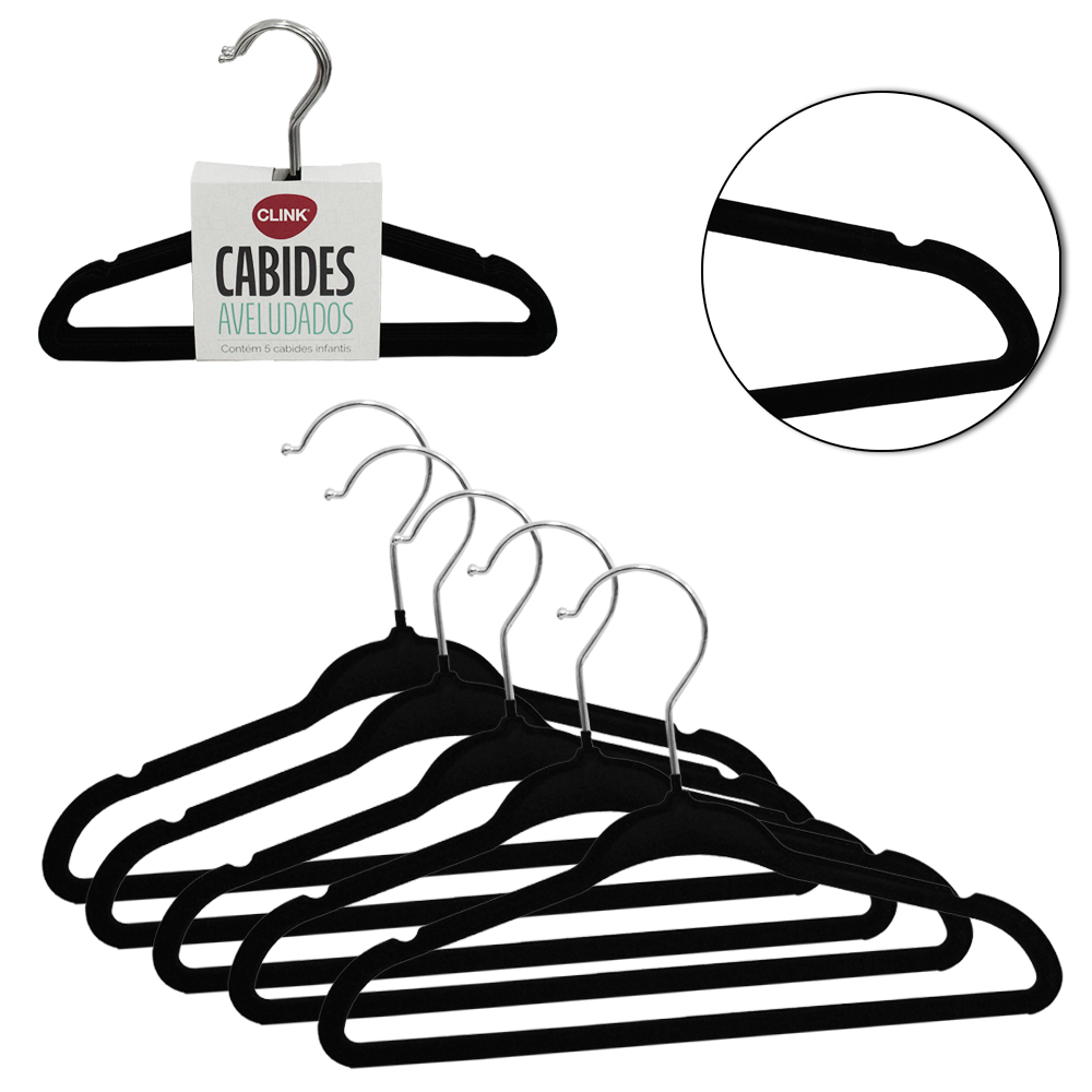 CABIDE ROUPA INFANTIL DE PLASTICO REVESTIDO EM VELUDO COM 5 PECAS 28X18CM 4MM