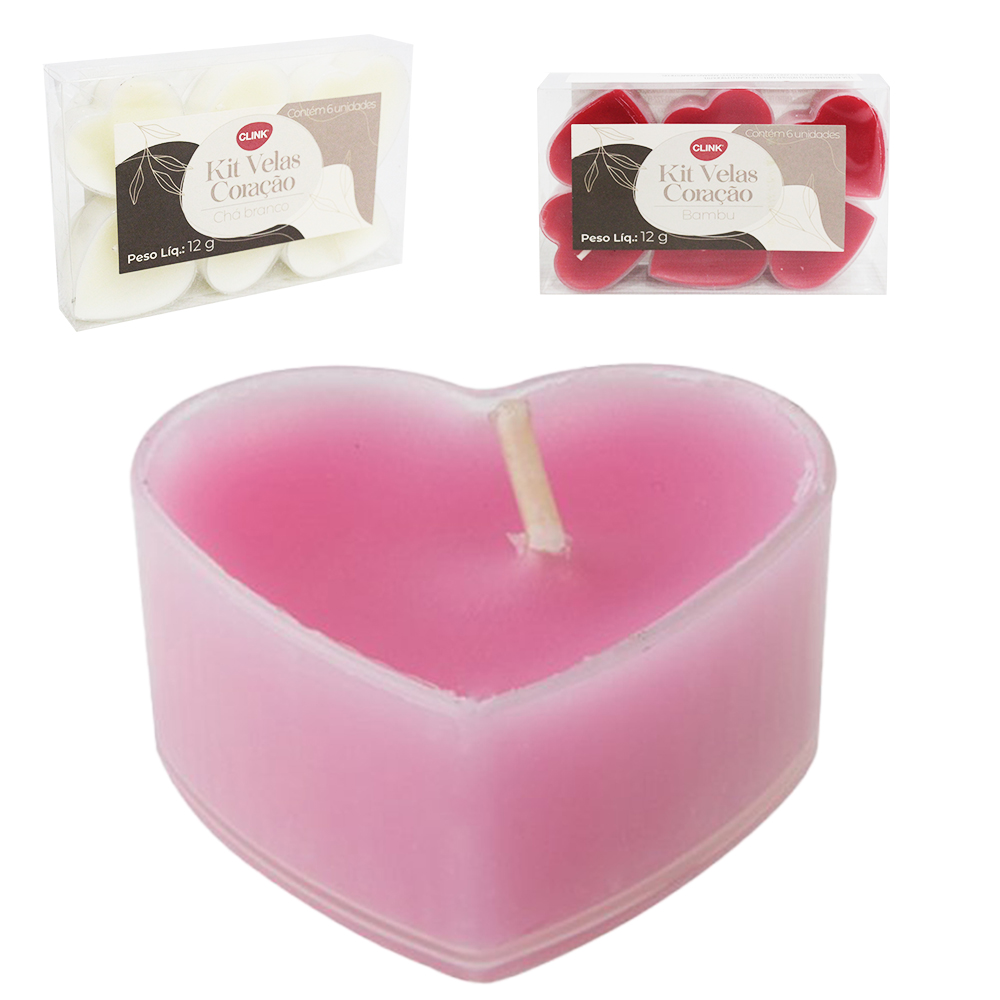VELA DECORATIVA AROMATICA CORACAO BAMBU BRANCO / VERMELHO / ROSA COM 6 PECAS 12G 4X4X2CM