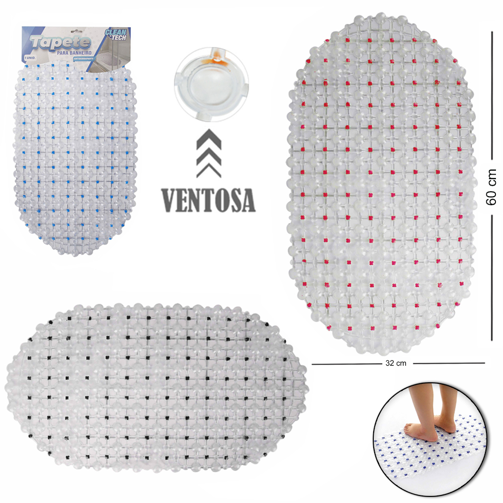 TAPETE DE PISO DE PVC OVAL PARA BANHEIRO COM VENTOSA CLEAN TECH 60X32CM