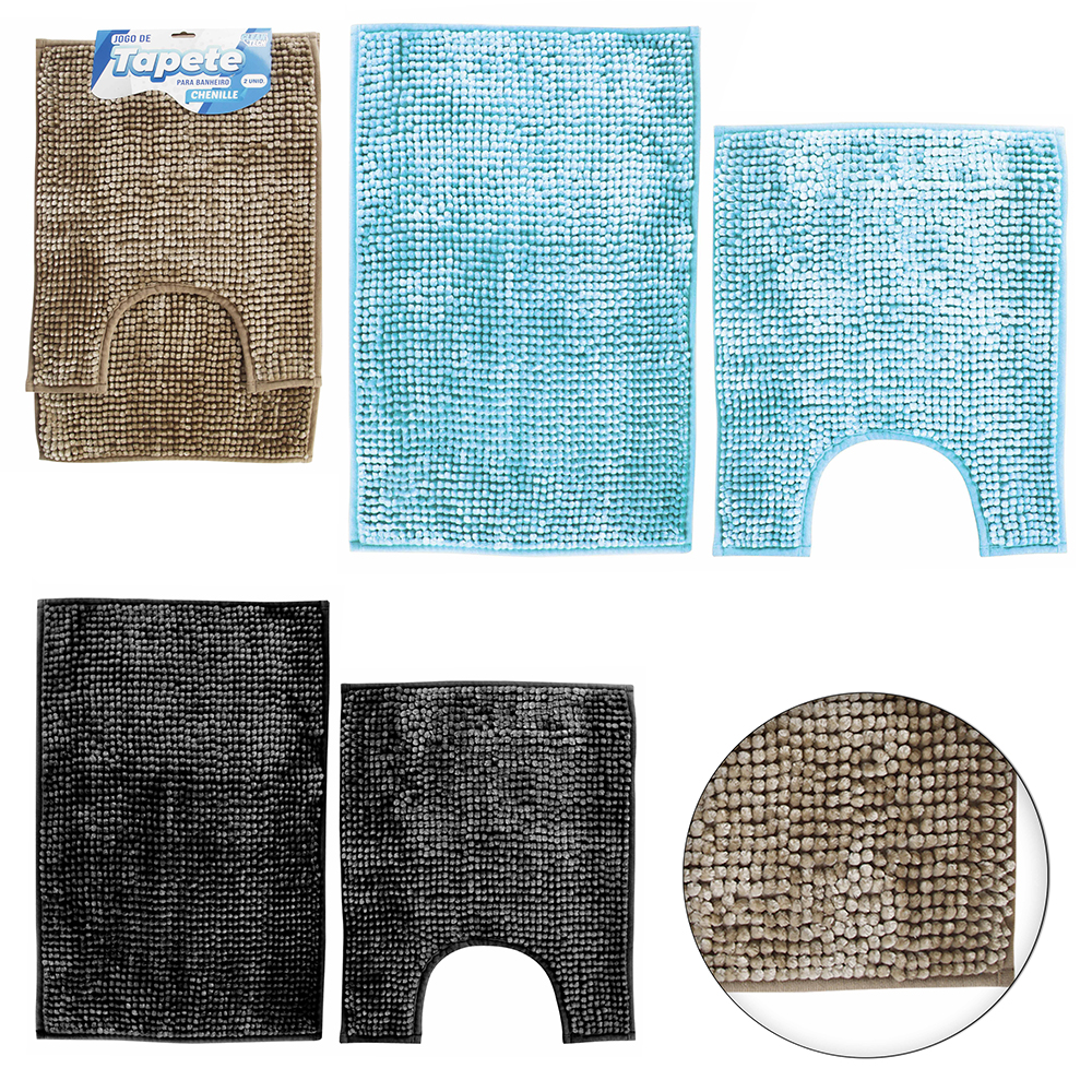 JOGO DE TAPETE DE PISO DE PELUCIA PARA BANHEIRO CHENILLE ANTIDERRAPANTE CLEAN TECH COM 2 PECAS