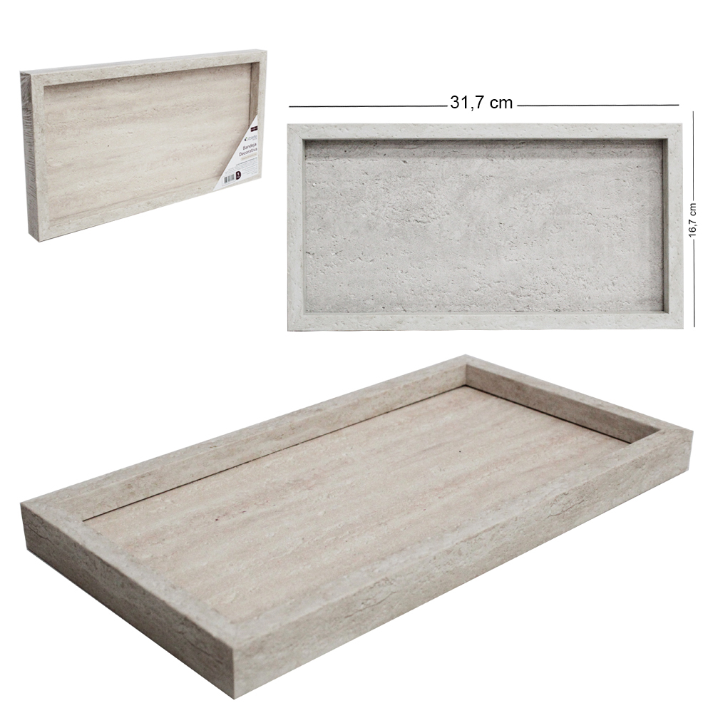 BANDEJA DE CALCARIO COM FUNDO DE VIDRO RETANGULAR DECORATIVA DECOR 31,7X16,7X2,5CM