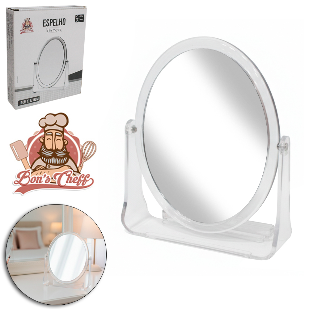 ESPELHO DE MESA OVAL DUPLA FACE COM PEDESTAL DE ACRILICO 17,5X15CM