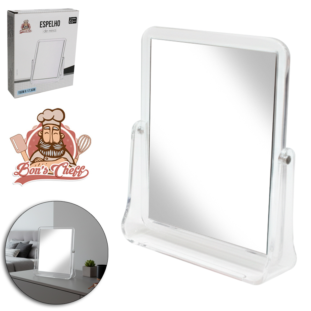 ESPELHO DE MESA RETANGULAR DUPLA FACE COM PEDESTAL DE ACRILICO 17,5X15CM