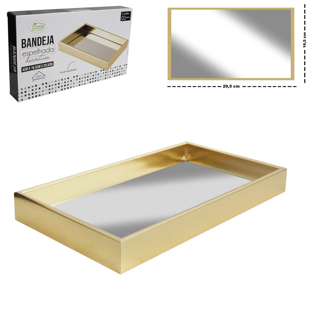 BANDEJA DE PLASTICO COM ESPELHO RETANGULAR DECORATIVA 29,5X16,5X4CM