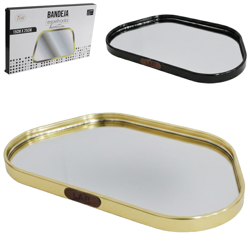 BANDEJA DE METAL COM ESPELHO DECORATIVA 25X15CM