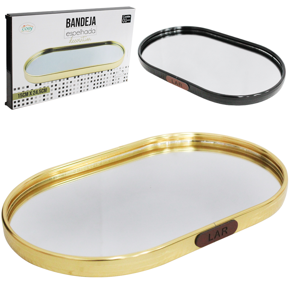 BANDEJA DE METAL COM ESPELHO OVAL DECORATIVA 24,5X15CM