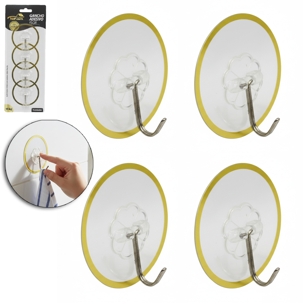 CABIDE GANCHO DE METAL REDONDO FLOR AUTOADESIVO PREMIUM TOP CASA COM 4 PECAS 6CM DE Ø