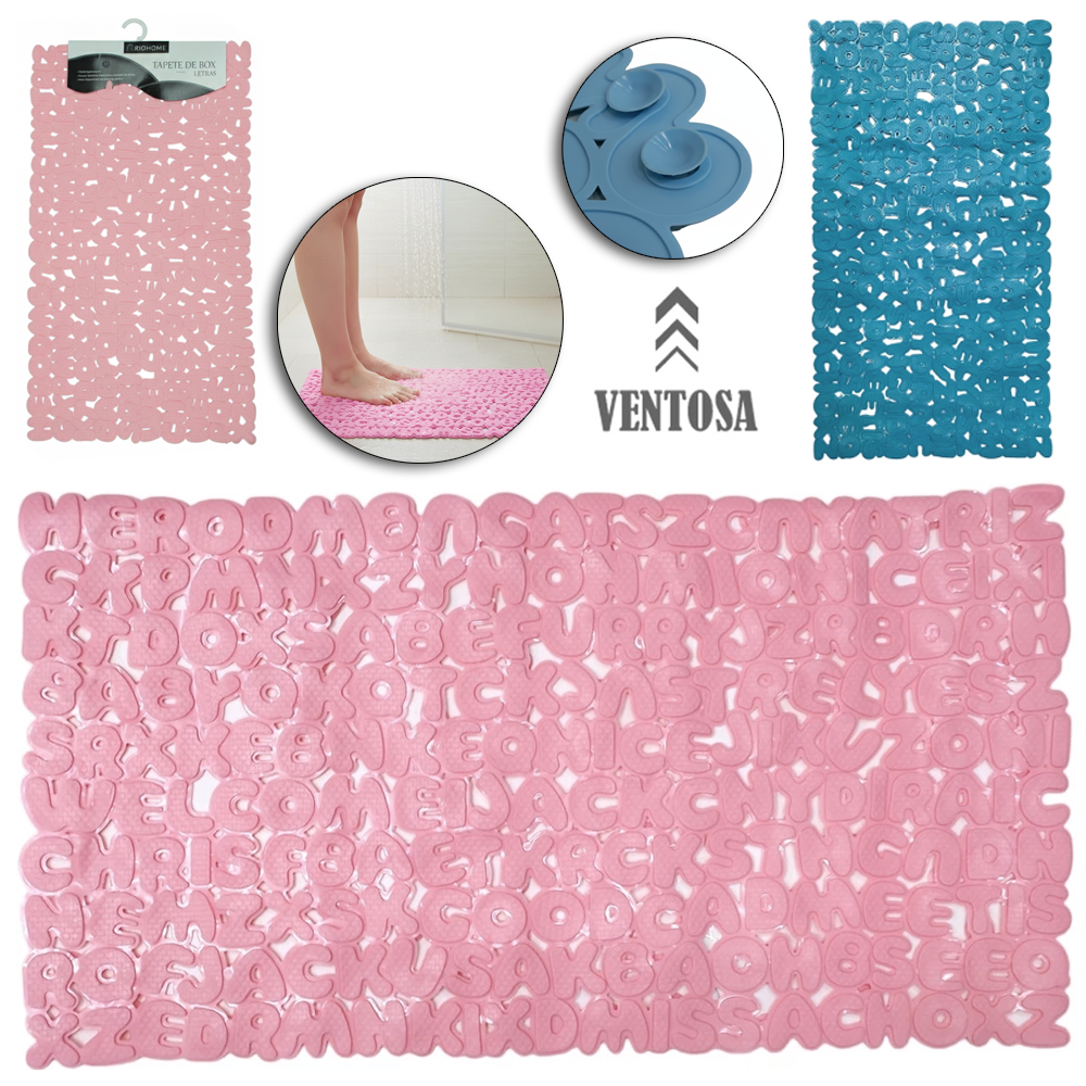 TAPETE DE PISO DE PVC RETANGULAR PARA BANHEIRO LETRAS COM VENTOSA 69X39CM