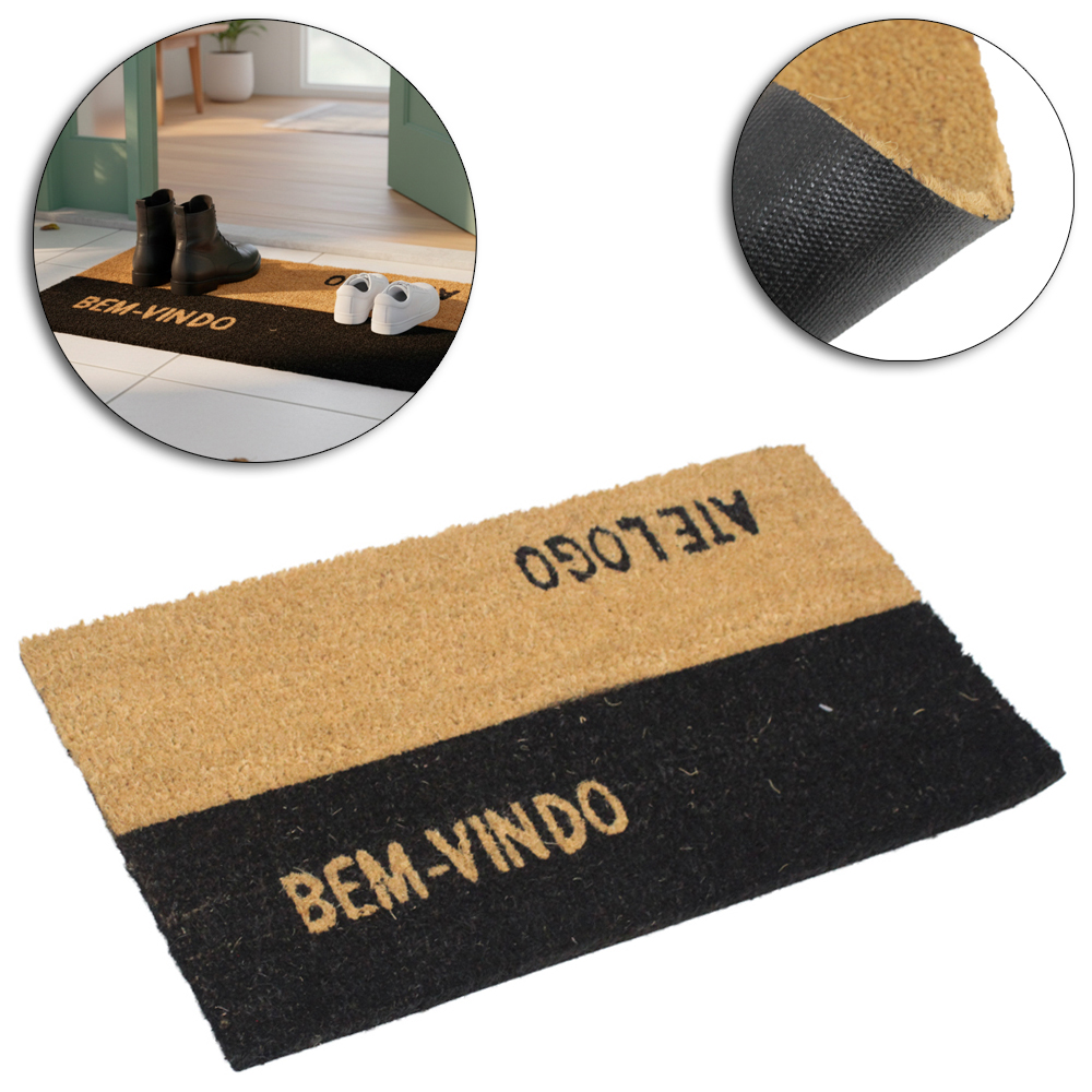 TAPETE CAPACHO DE PISO DE FIBRA RETANGULAR EMBORRACHADO BEM VINDO / ATE LOGO 60X33CM