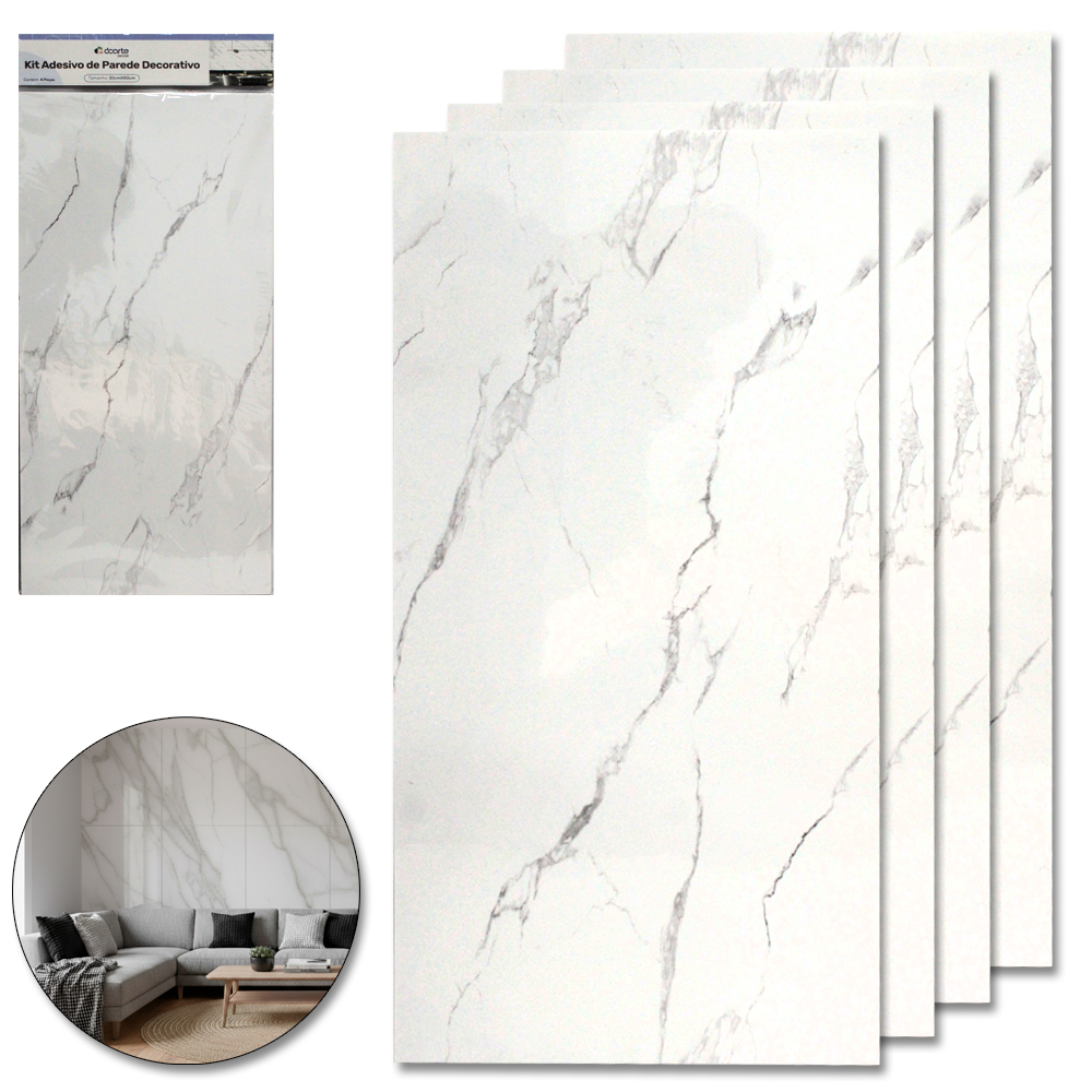 PAPEL DE PAREDE PLACA AUTOADESIVO MARMORE BRANCO COM 4 PECAS 60X30CM