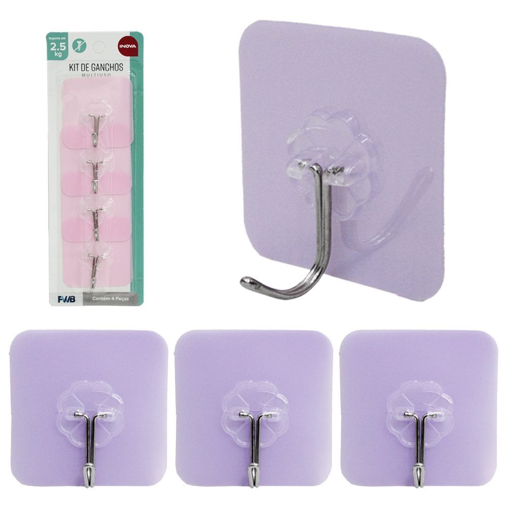 CABIDE GANCHO DE METAL QUADRADO AUTOADESIVO INOVA COM 4 PECAS 6CM
