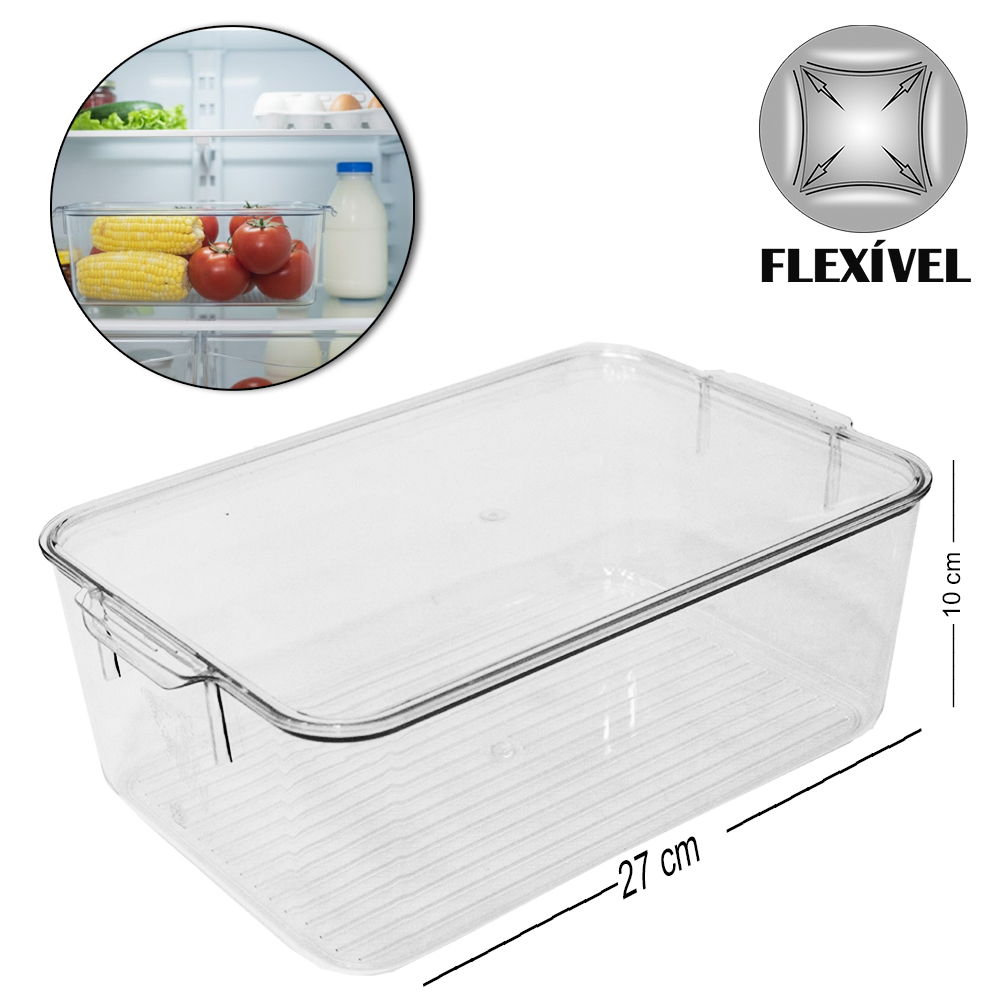 ORGANIZADOR DE GELADEIRA DE PLASTICO PET FLEXIVEL RETANGULAR EMPILHAVEL COM TAMPA + ALCA MULTIUSO FACILE 27X18,5X10CM