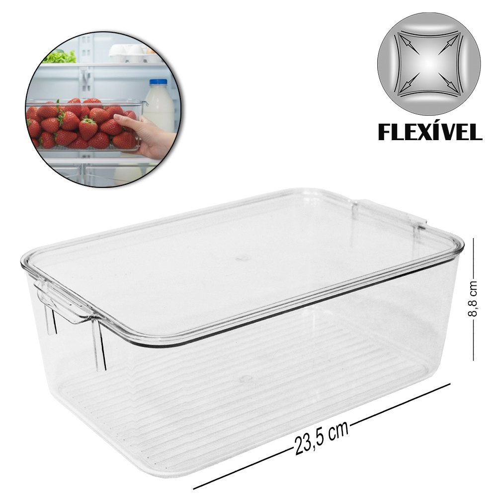ORGANIZADOR DE GELADEIRA DE PLASTICO PET FLEXIVEL RETANGULAR EMPILHAVEL COM TAMPA + ALCA MULTIUSO FACILE 23,5X16X8,8CM