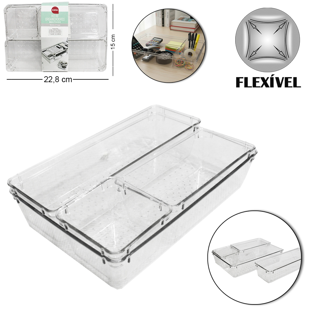 CONJUNTO DE CESTO ORGANIZADOR DE PLASTICO PET FLEXIVEL RETANGULAR / QUADRADO INOVA COM 4 PECAS