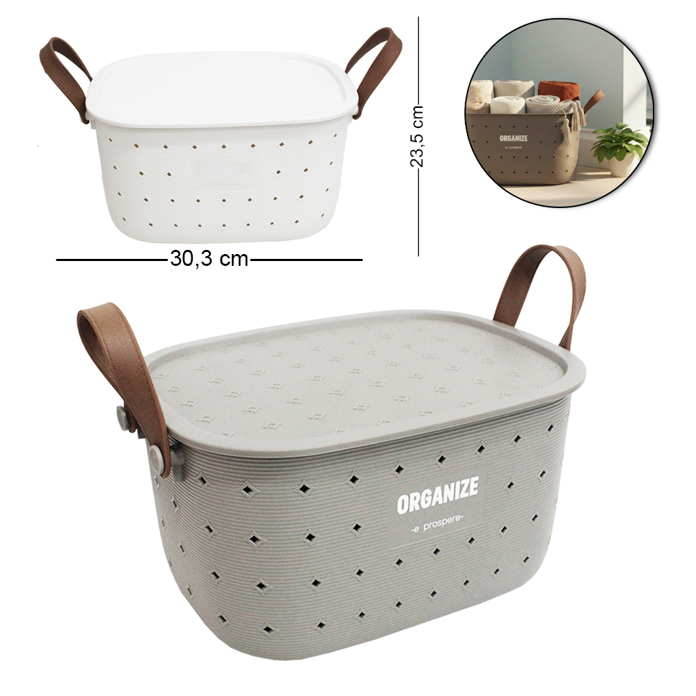 CAIXA CESTO ORGANIZADOR DE PLASTICO OVAL VAZADO COM TAMPA + ALCA 30,3X23,5X16,3CM